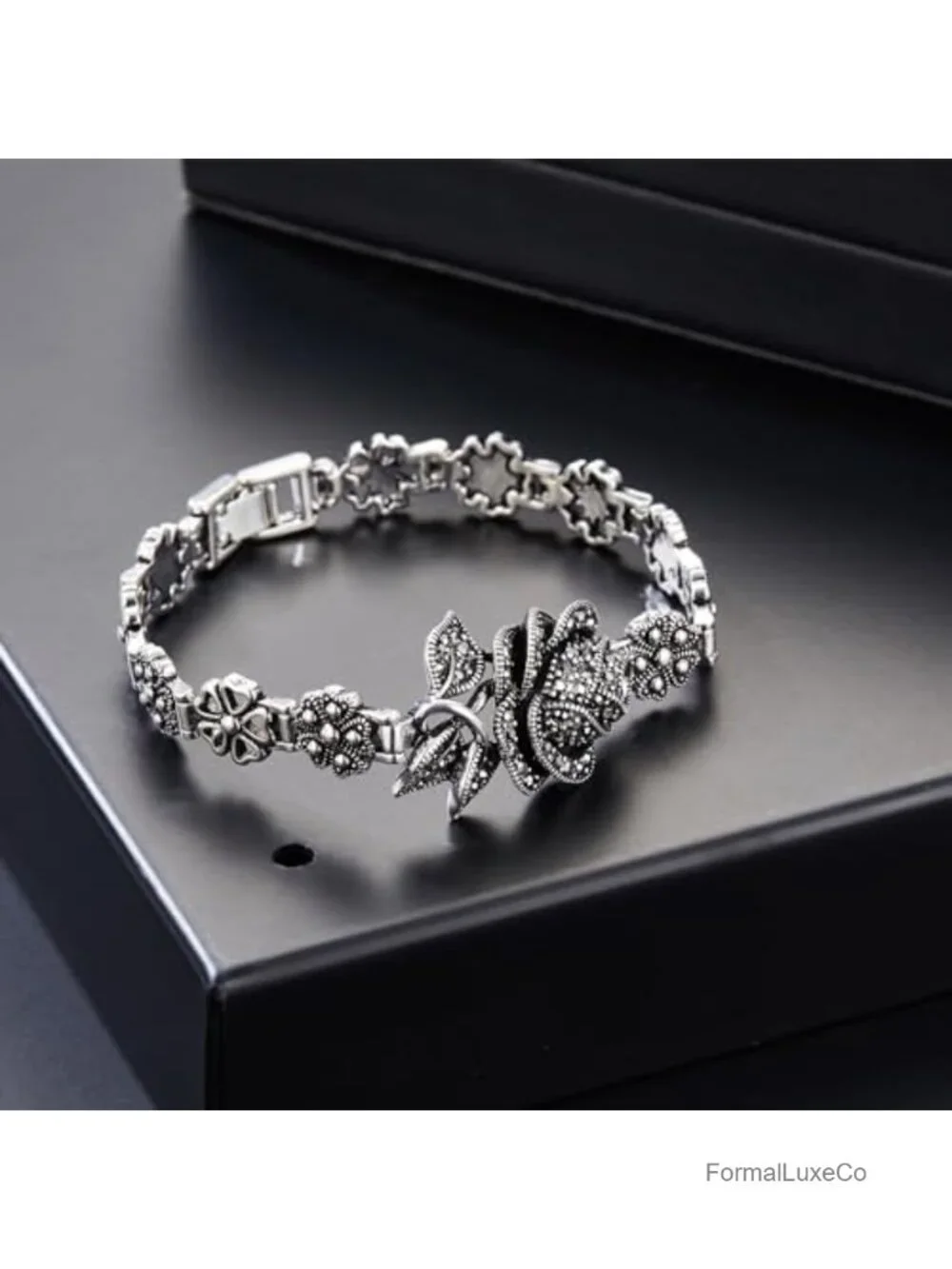 Vintage Rose Marcasite Bracelet, Black Crystal Link Bangle, Boho Victorian